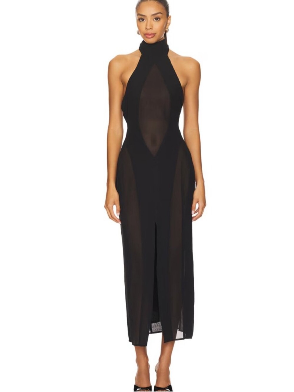 GUIZIO Koemi Sheer Panel Midi Dress Black Sleeveless Halter Sexy Maxi midi